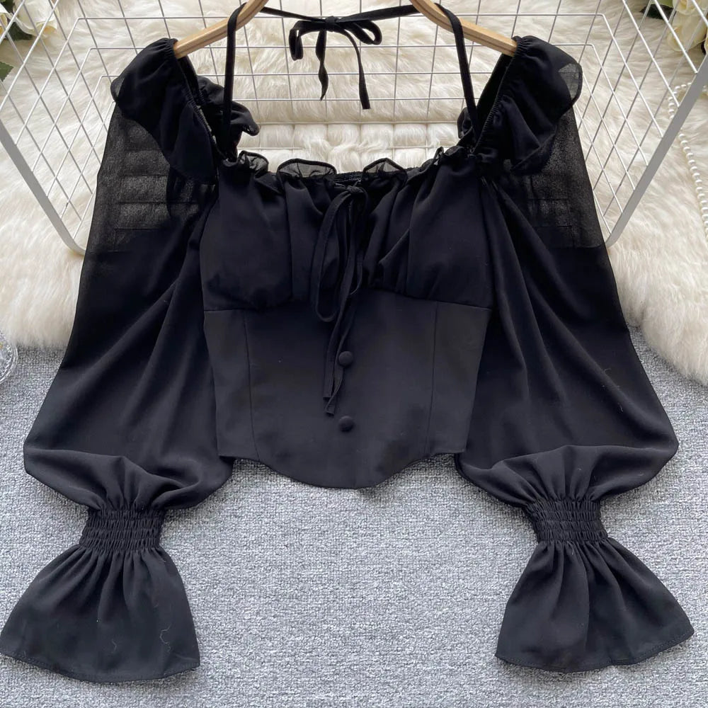 French Chic Halter Blouses Femininas Bow Flare Sleeve Short Tops Dames HighStreet Blusa Mujer Casual Shirts Clothes Dropshipping