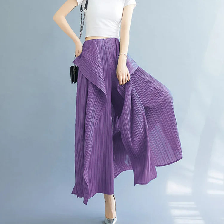 Miyake 2025 New Pleated Pants Irregular Wide-legged Pants Simple Loose Large Size with Elastic Formal Occasions Commuter Women's