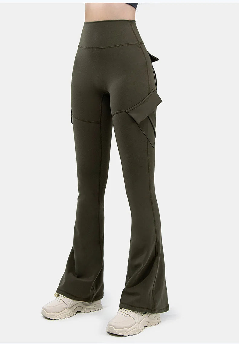 New Women Casual Bootleg Yoga Pants Plus Size Workout Flare Leggings High Waist dungarees  Pants with Pockets Sports Wear