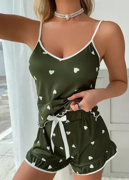 Women Sleepwear Summer 2 Piece Pajamas Set Spaghetti Strap Vest Top and Shorts Soft Casual Cute Printed Longewear
