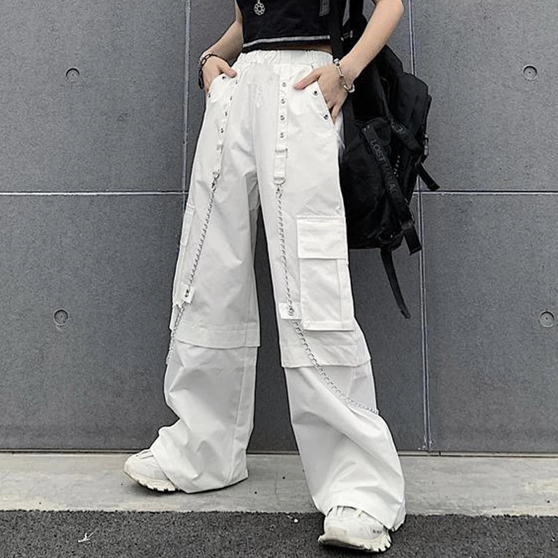 Women Trendy Vintage Casual Streetwear Pocket Cargo Pants Y2K Female High Waist White Hip Hop Loose Trousers Straight Pantalones