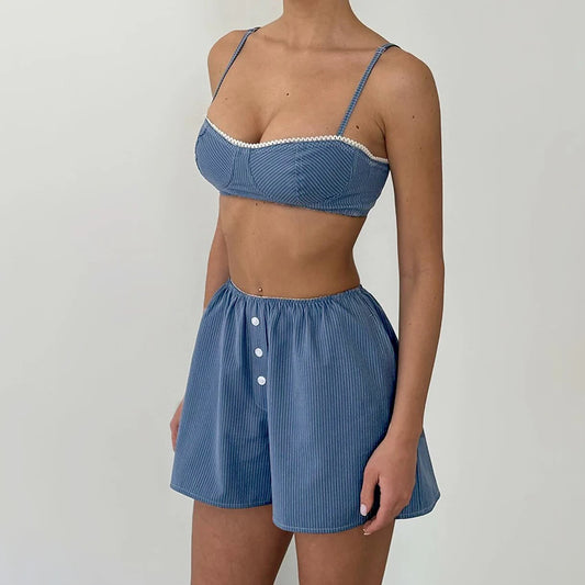 Hiloc 2025 Summer Crop Top Sleepwear With High Waist Shorts 2 Piece Sets Casual Spaghetti Strap Tops Pajamas Home Shorts Suits