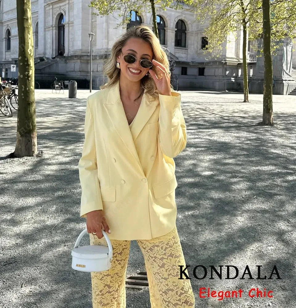 KONDALA Elegant Yellow Blazer Women's Double-breasted Lapel Blazer Fashion High Street 2025 Spring Summer Holidays Commute Suit