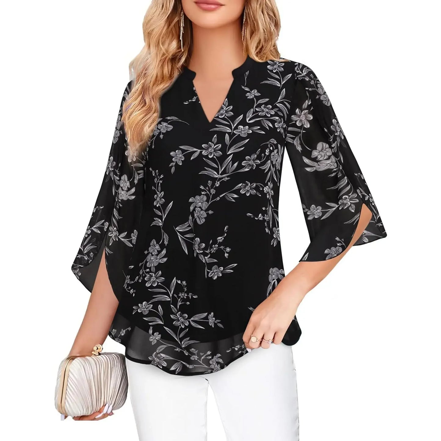 Casual Summer Hot Sale Of The Season Women's Shirt Loose V-neck Petal Sleeve Chiffon Blouse Fashionable Elegant Female Top with