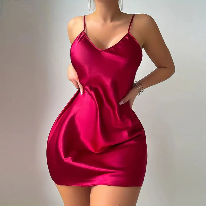 1 Piece Sexy V-Neck Women Satin Camisole Night Dress Female Pajamas Silky Lingerie Sleeveless Backless Nightgown Thin For Summer