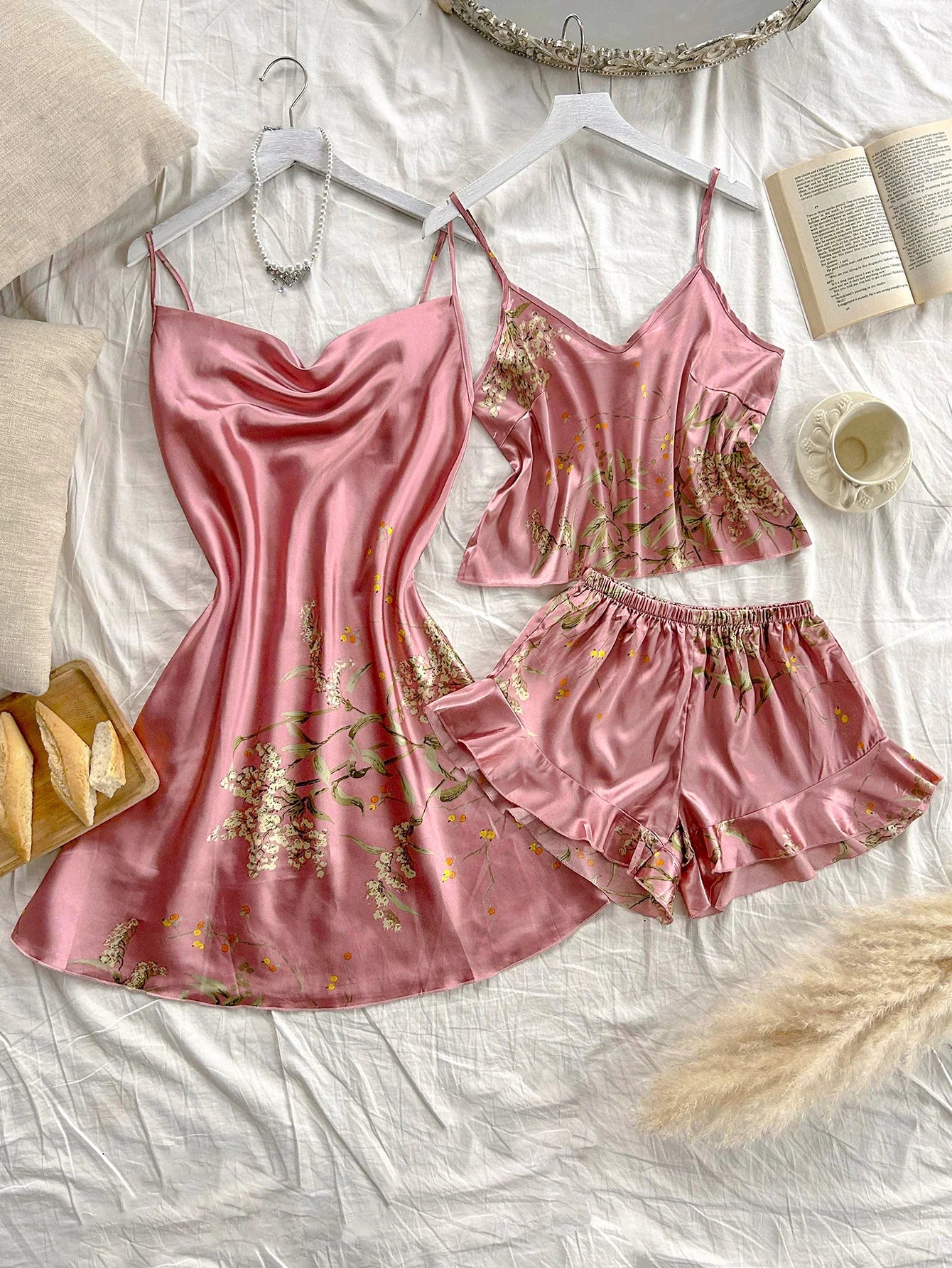 Women's Cherry Print Pajamas Sexy Fashion Halter Dress 3 Piece Women's Pajamas Set