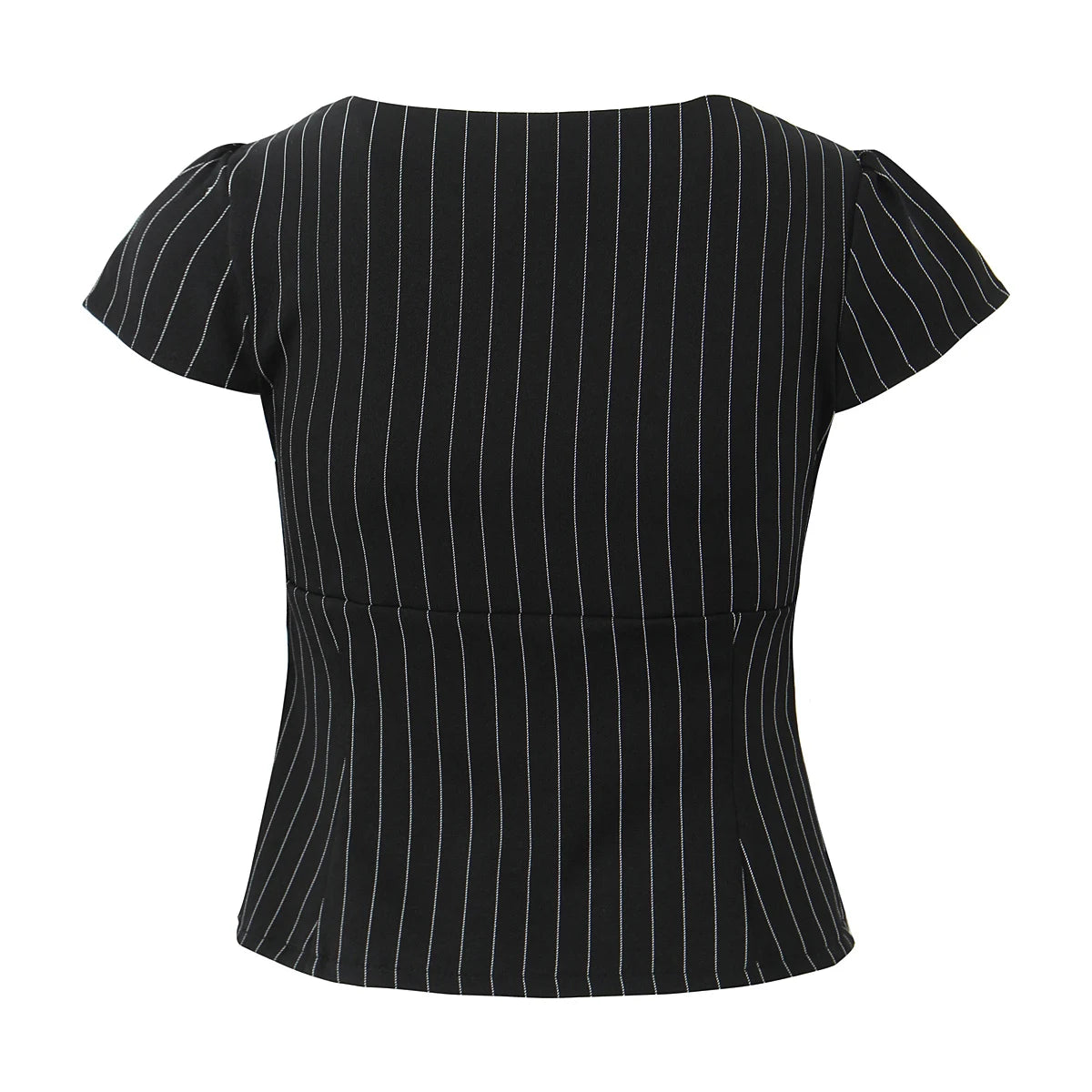 2025 Sexy Striped Square Collar Short Puff Sleeve Shirt Women Front Ruched Chest Double Zip up Front Slim Waist Crop Tops