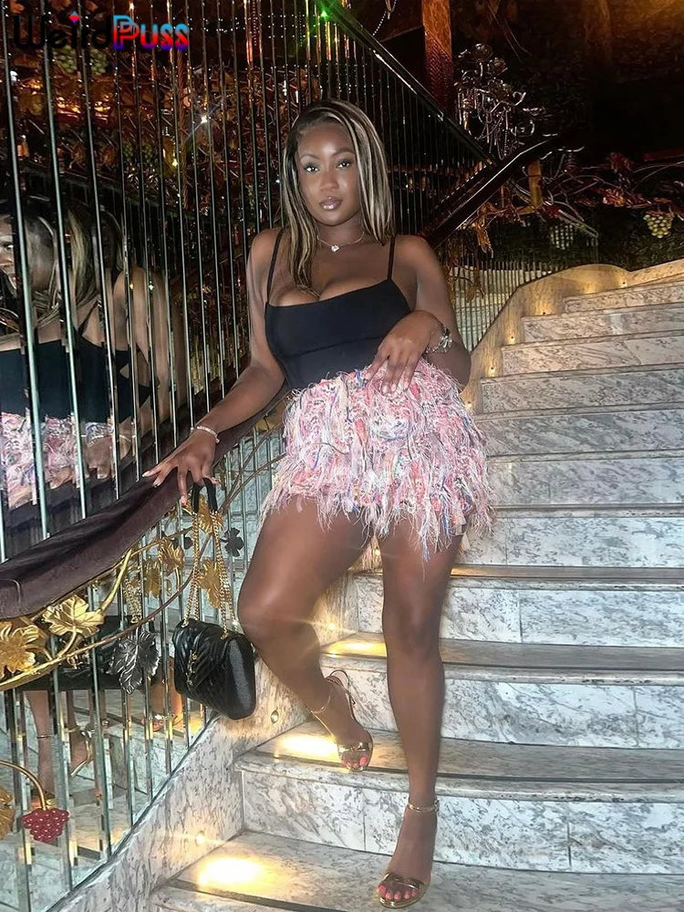 Weird Puss Colorful Tassel Skirts Peach Hip Women Thin Knit Wild Sexy Midnight Summer Trend Stretch Skinny Streetwear Bodycon