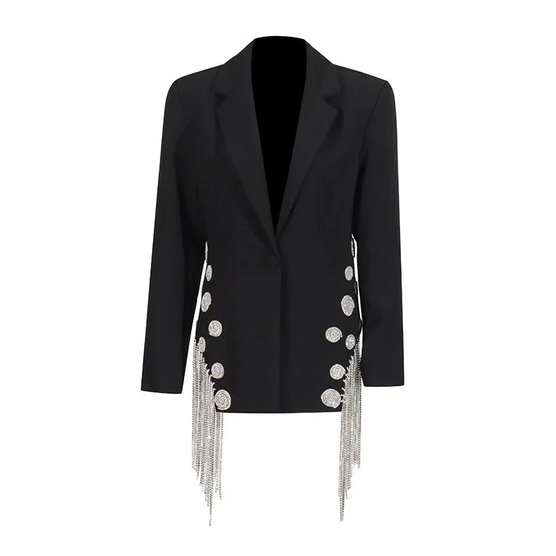 ZMEENNA White Blazer Notched Collar Single Button Patchwork Metal Tassel Jackets For Women 2025 Spring Fashion New Coats ZM628
