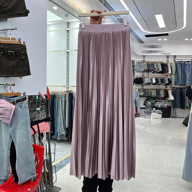98cm Basics Maxi Pleated Skirt for Women New Korean Casual All-match Solid A Line High Waist Long Maxi Skirt Female