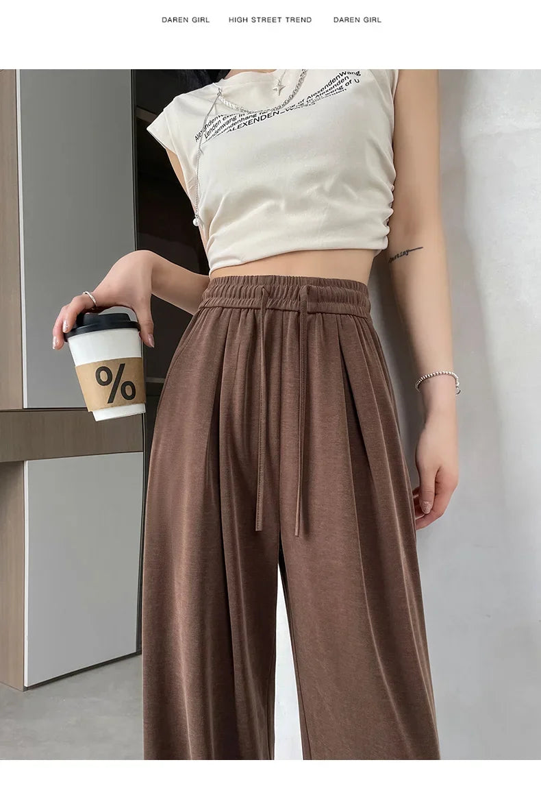 2024 New Summer Women's Casual Pants High Waist Solid Minimalism Loose Floor Length Wide Leg Trousers Female