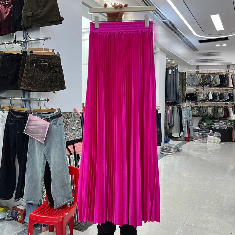 98cm Basics Maxi Pleated Skirt for Women New Korean Casual All-match Solid A Line High Waist Long Maxi Skirt Female