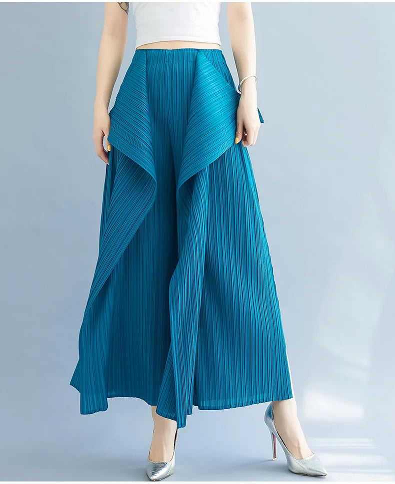 Miyake 2025 New Pleated Pants Irregular Wide-legged Pants Simple Loose Large Size with Elastic Formal Occasions Commuter Women's