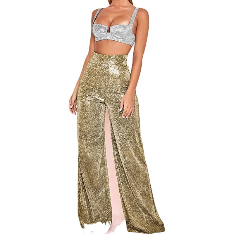 Metallic Sparkly Wide Leg Pants Women Elastic High Waist Glitter Sequin Palazzo Pants Casual Loose Party Clubwear Long Trousers