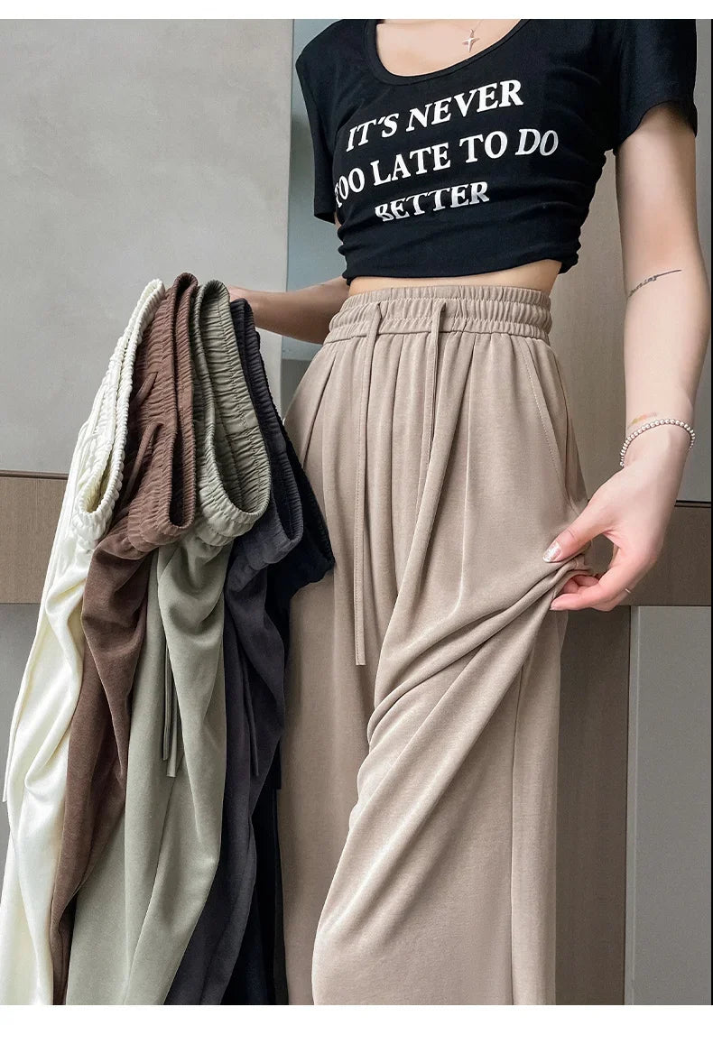 2024 New Summer Women's Casual Pants High Waist Solid Minimalism Loose Floor Length Wide Leg Trousers Female