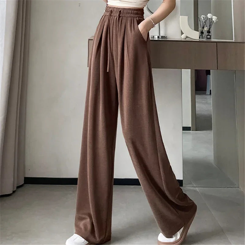 2024 New Summer Women's Casual Pants High Waist Solid Minimalism Loose Floor Length Wide Leg Trousers Female