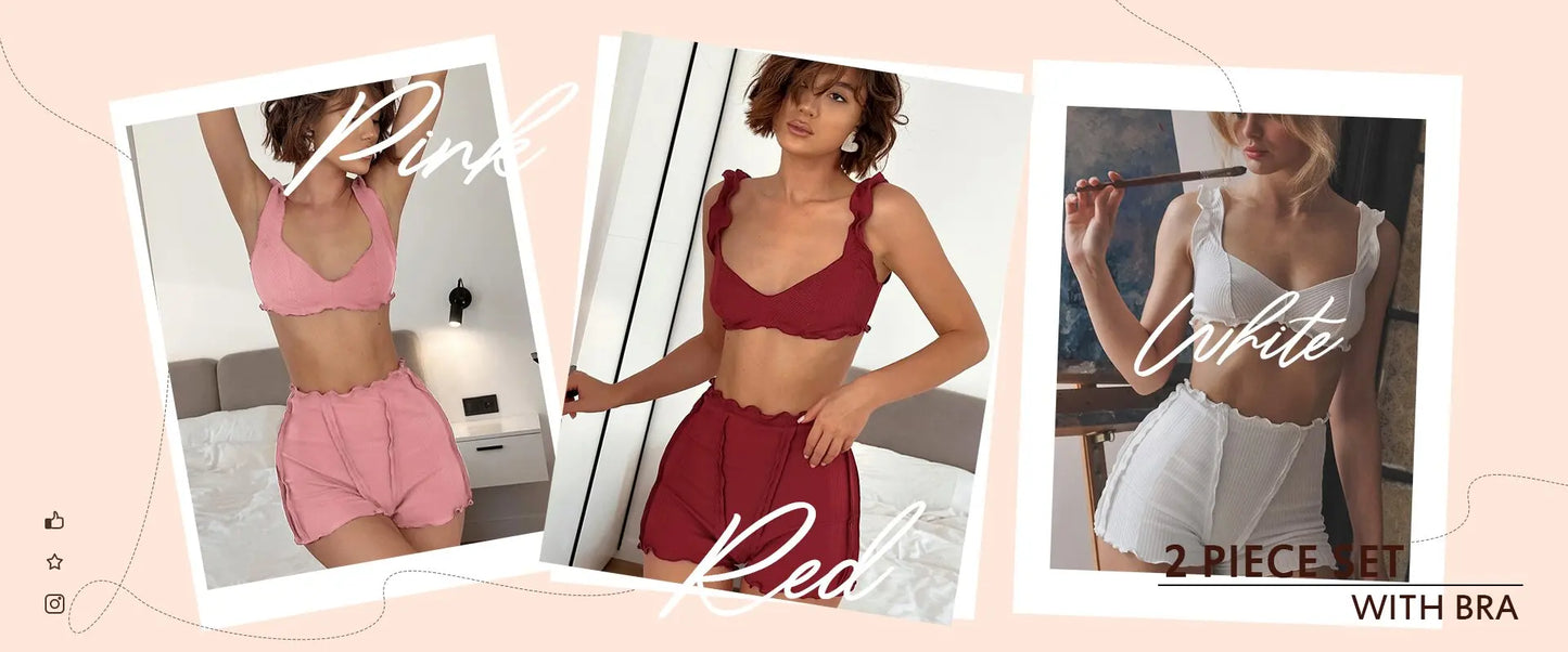 Hiloc 2025 Summer Crop Top Sleepwear With High Waist Shorts 2 Piece Sets Casual Spaghetti Strap Tops Pajamas Home Shorts Suits