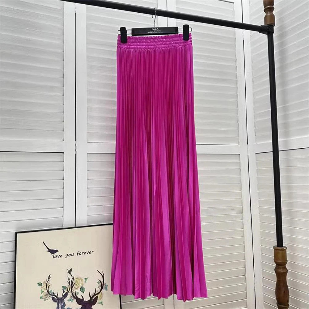 98cm Basics Maxi Pleated Skirt for Women New Korean Casual All-match Solid A Line High Waist Long Maxi Skirt Female