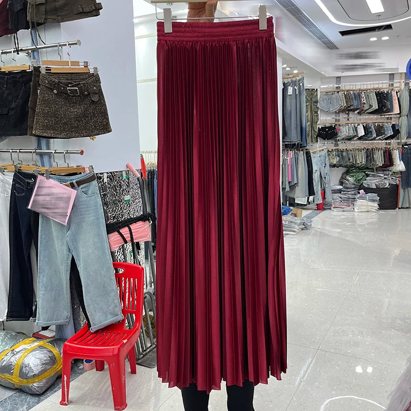 98cm Basics Maxi Pleated Skirt for Women New Korean Casual All-match Solid A Line High Waist Long Maxi Skirt Female