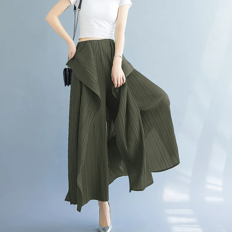 Miyake 2025 New Pleated Pants Irregular Wide-legged Pants Simple Loose Large Size with Elastic Formal Occasions Commuter Women's