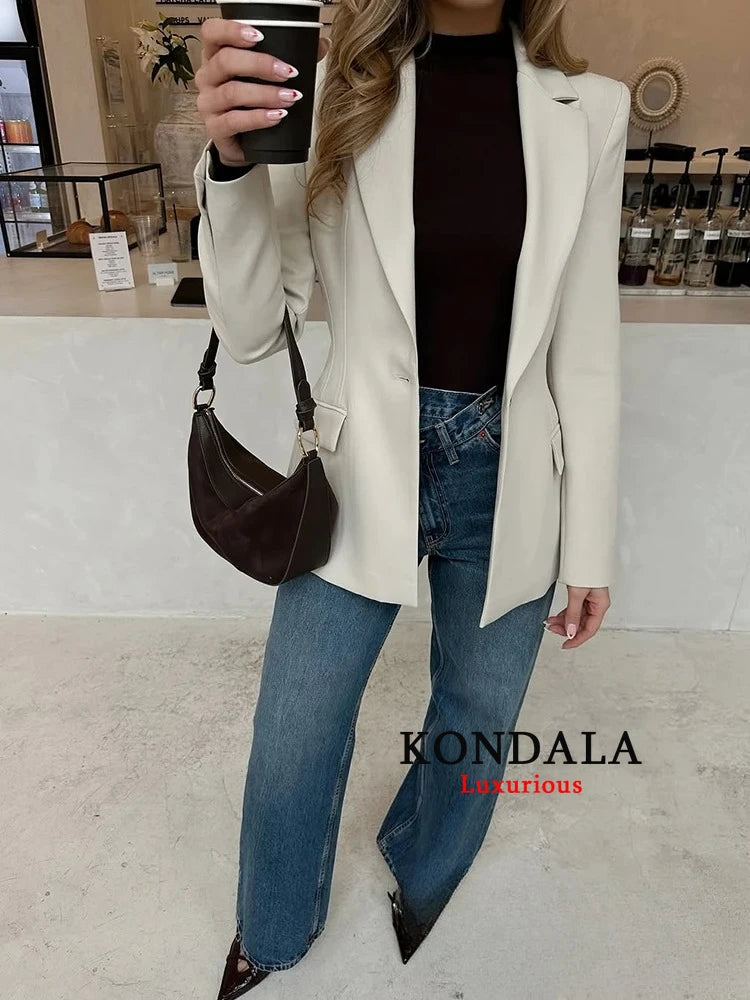 KONDALA Vintage Chic Office Lady Solid Women Suit Pockets V Neck Blazer Straight Loose Pants New Fashion 2025 Spring Autumn Sets