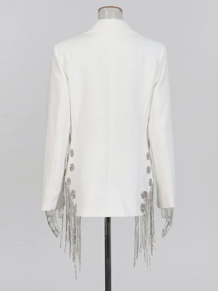 ZMEENNA White Blazer Notched Collar Single Button Patchwork Metal Tassel Jackets For Women 2025 Spring Fashion New Coats ZM628