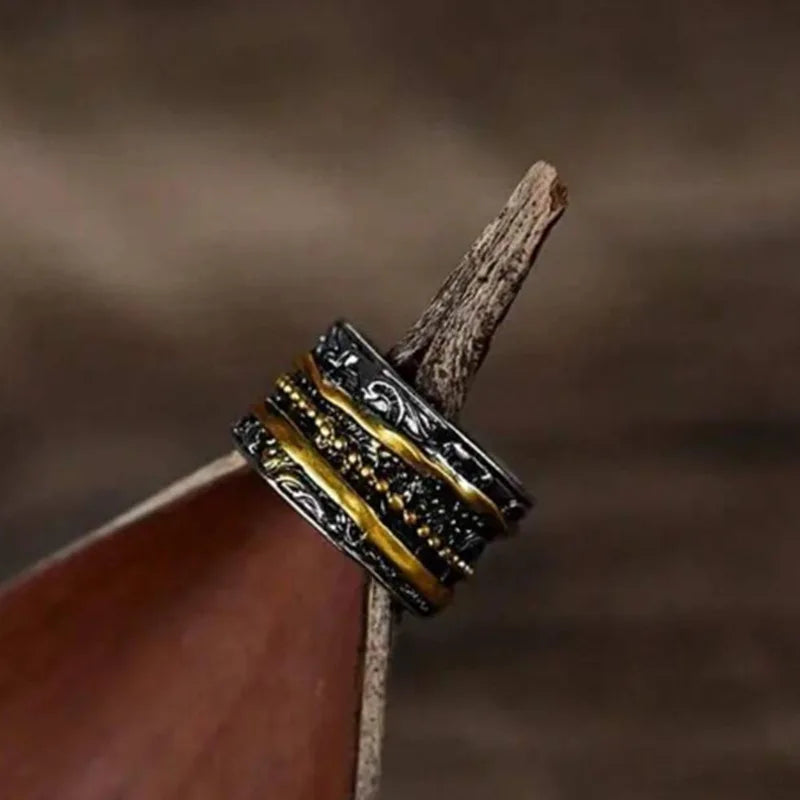 Bohemian geometric three-layer ring wide-sided ring retro timeless pattern ring couple jewelry