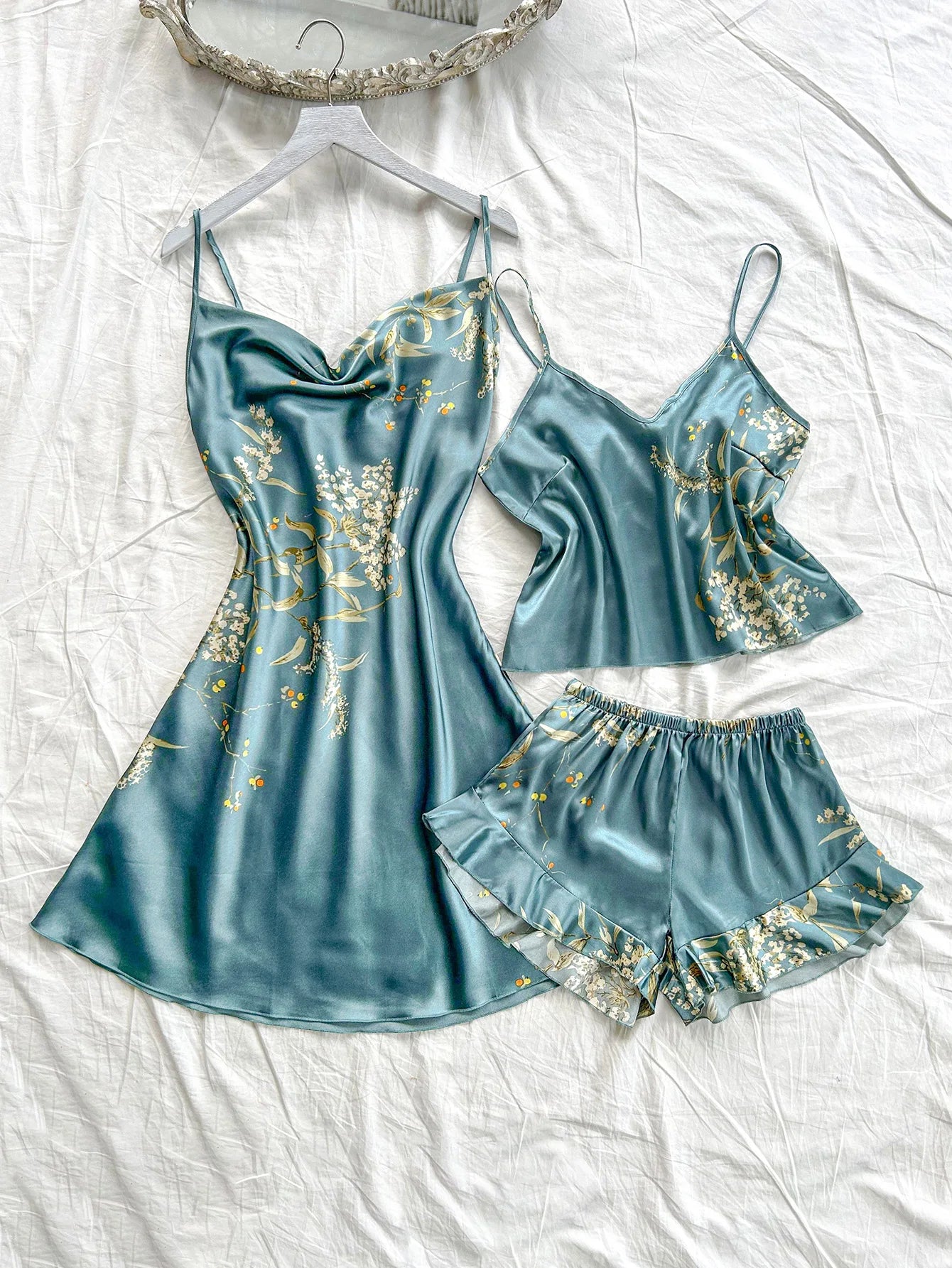 Women's Cherry Print Pajamas Sexy Fashion Halter Dress 3 Piece Women's Pajamas Set