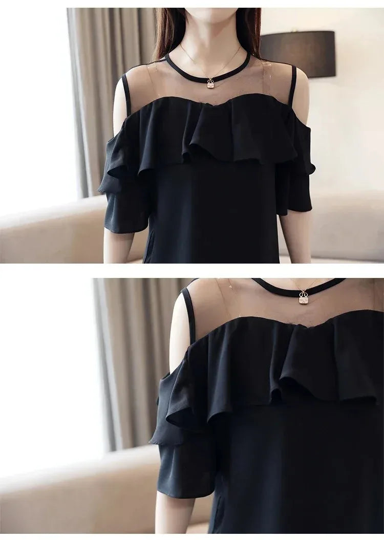Women's Round Collar Mesh Chiffon Blouse, Short Sleeve Ruffles Tops, Sexy Off Shoulder Shirt, Solid Color Clothes, Summer, 4206