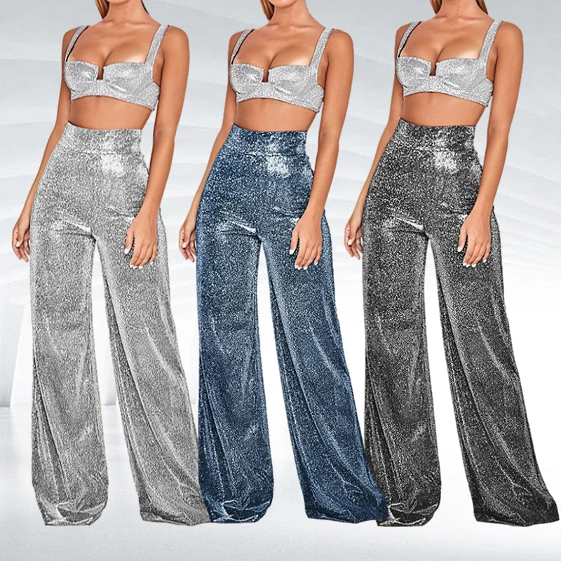 Metallic Sparkly Wide Leg Pants Women Elastic High Waist Glitter Sequin Palazzo Pants Casual Loose Party Clubwear Long Trousers