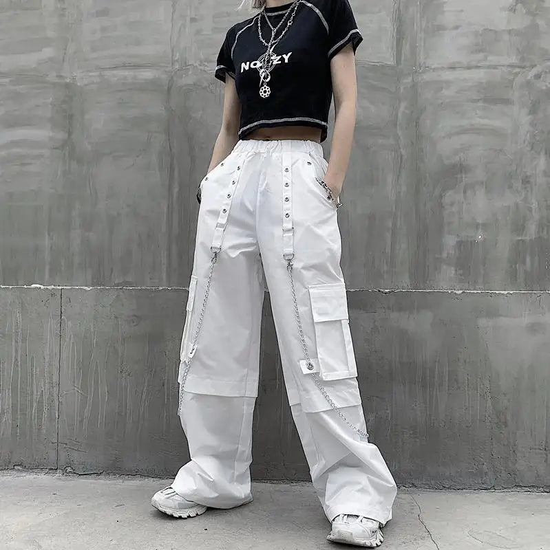 Women Trendy Vintage Casual Streetwear Pocket Cargo Pants Y2K Female High Waist White Hip Hop Loose Trousers Straight Pantalones