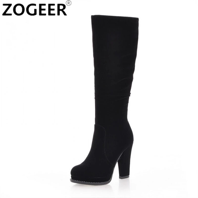 Women's Winter High Boots Fashion Flock Knight Knee High Boot Women Black Thick High Heels Zipper Round Toe Ladies Shoe Platform