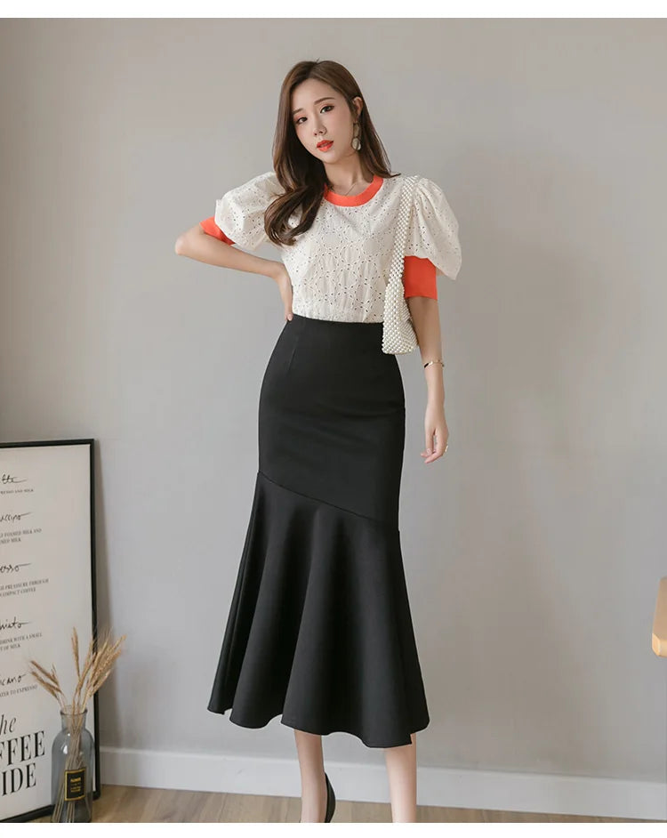 Seoulish Ruffles Solid Color Women's Skirts 2024 New Spring Summer Elegant High Waist Office Ladies Style Pencil Midi Skirts