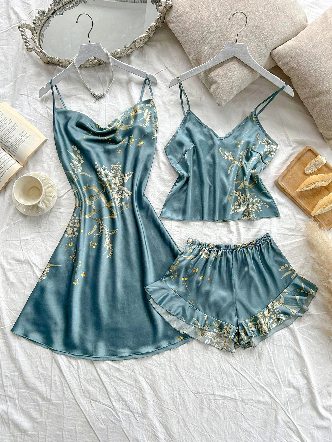 Women's Cherry Print Pajamas Sexy Fashion Halter Dress 3 Piece Women's Pajamas Set