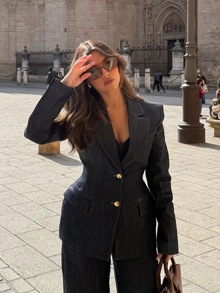 HH Female Spring Vintage Denim Blazer Long Sleeves Turn Down Collar Single Breasted Fake Pockets Street Fashion Coats