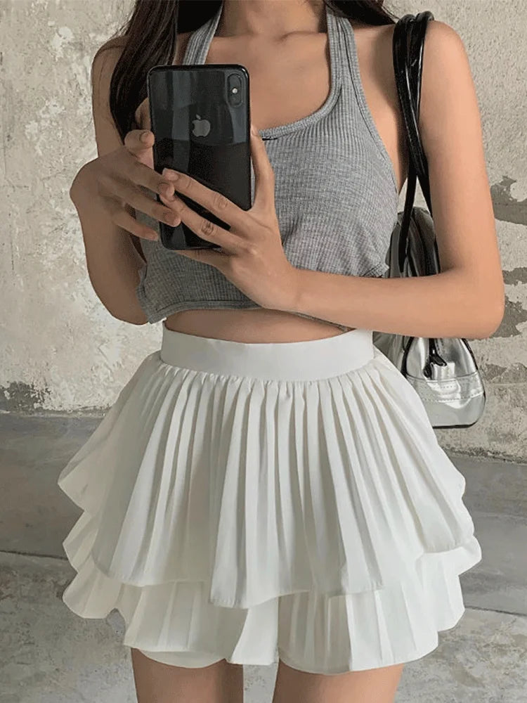 High Waist Pleated Mini Skirt Women Double Layer White A-line Skirt with Shorts Y2k Clothes Korean Fashion Goth Harajuku Skirt