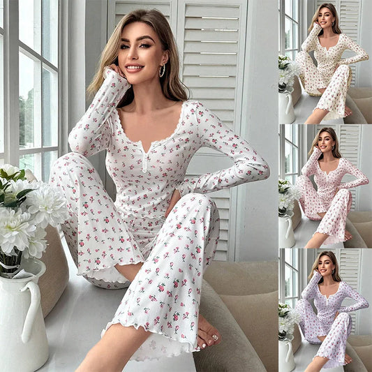 New Women Soft Comfortable sexy Floral Print Pajama Set Long Sleeve Top and Pants Loungewear Sleepwear Two Piece Set Homewear
