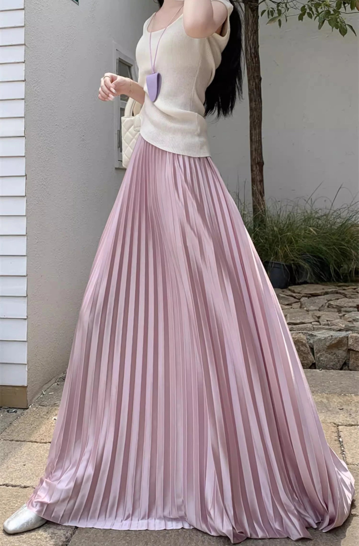98cm Basics Maxi Pleated Skirt for Women New Korean Casual All-match Solid A Line High Waist Long Maxi Skirt Female