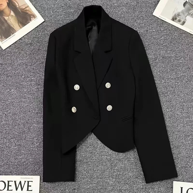 Casual Black Women's Small Suit Jacket 2025 New Spring Autumn Korean Design Sense Polyester Fiber Full Sleeve Solid Color