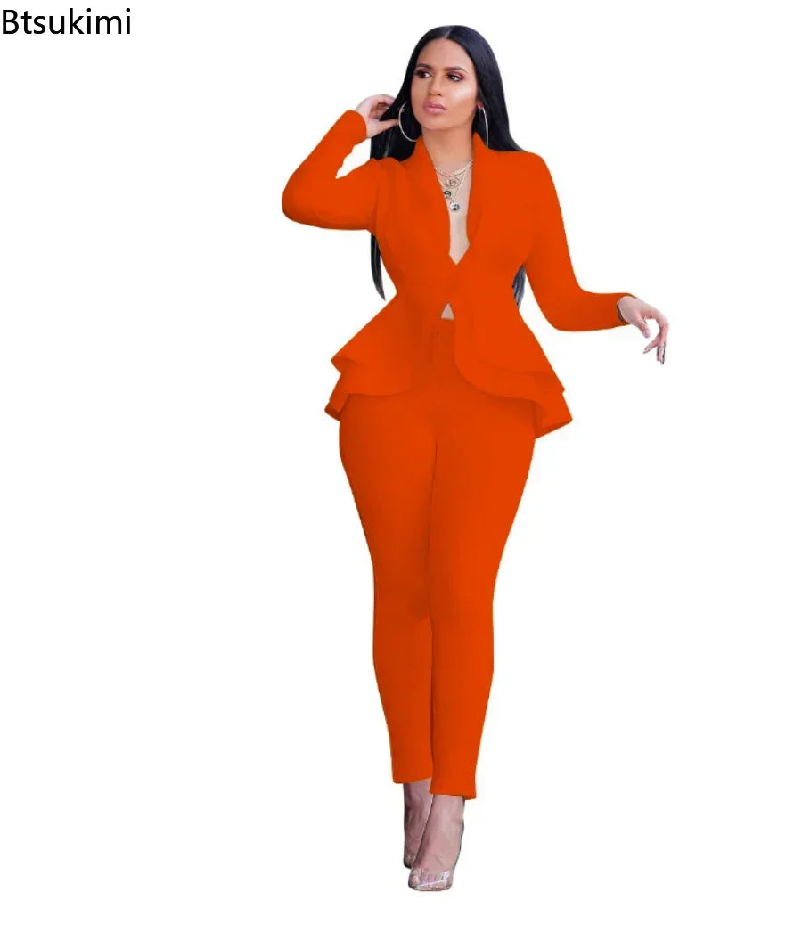 2025 Women's Formal Set 2PCS Tracksuit Full Sleeve Ruffles Blazers Pencil Pants Suit Two Piece Set Office Lady Outfits Uniform