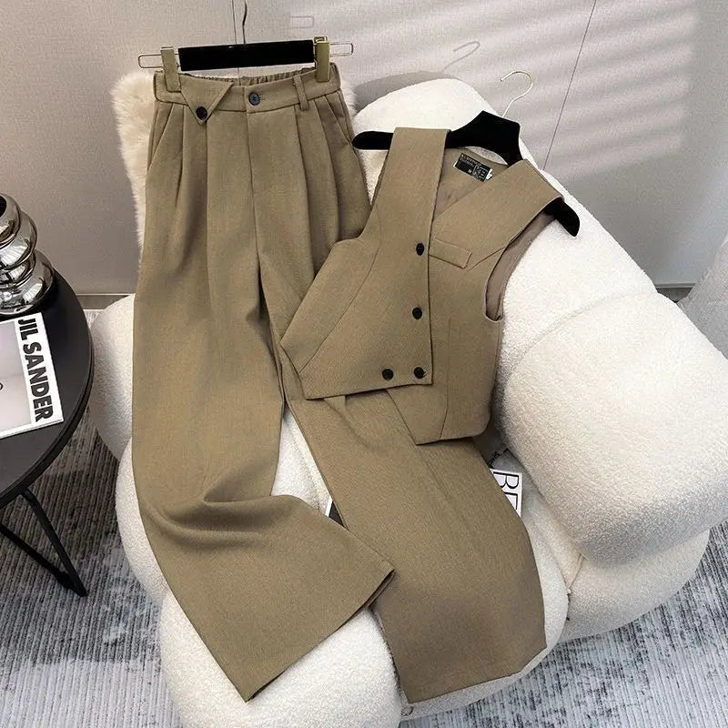 Simple Sleeveless Suit Vest Casual Wide Leg Pants Two-piece Set for Women 2025 New Elegant Suit Set
