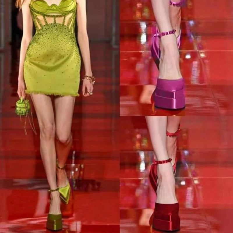 New Brand Women Sandals Summer Shoes Sexy Thick High Heels Platform Black Red Yellow Dress Party Wedding Shoes Woman Pumps