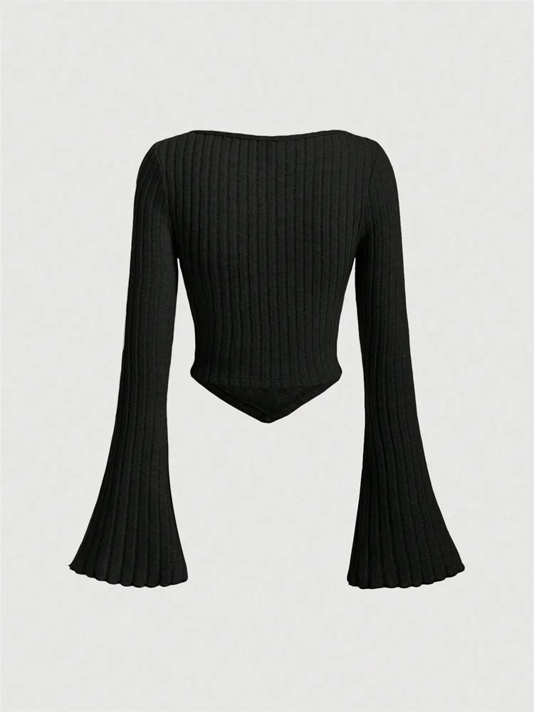 Elegant Y2K Flare Sleeve Sweetheart Neck Rib-knit Crop Top Spring Fall 2024 Casual Drawstring Long Sleeve T Shirt Blouse