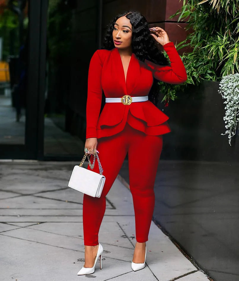 2025 Women's Formal Set 2PCS Tracksuit Full Sleeve Ruffles Blazers Pencil Pants Suit Two Piece Set Office Lady Outfits Uniform