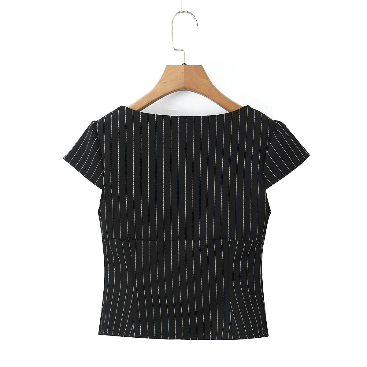 2025 Sexy Striped Square Collar Short Puff Sleeve Shirt Women Front Ruched Chest Double Zip up Front Slim Waist Crop Tops