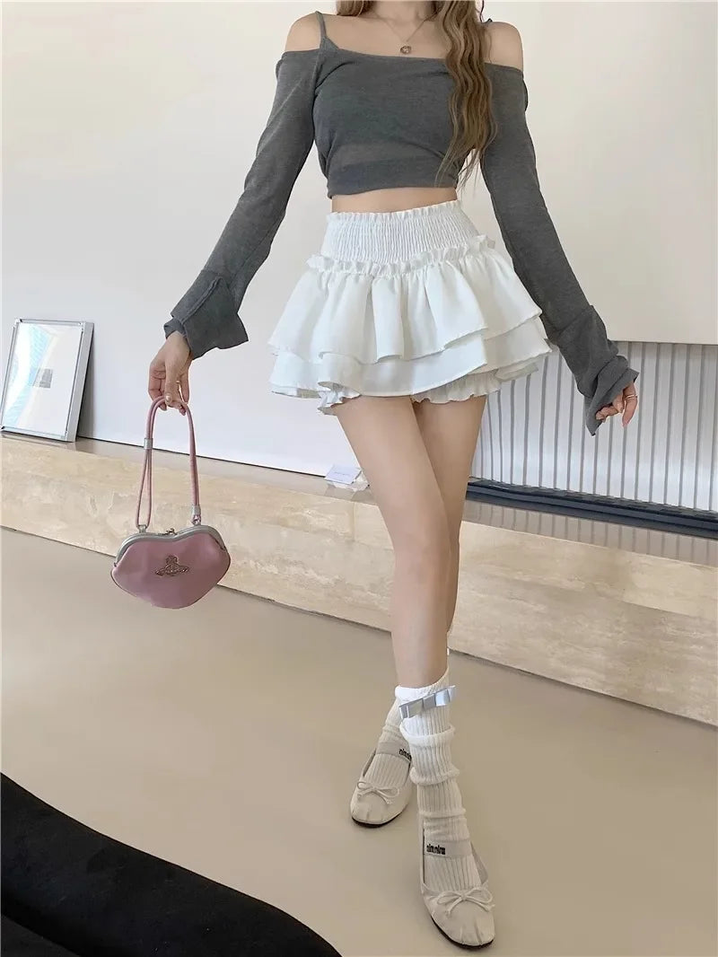 Mini Skirt Cute Sexy Balletcore Elastic High Waist Ball Gown Ruffle Patchwork Lolita Skirt Short Korean Sweet Y2K Women Clothing