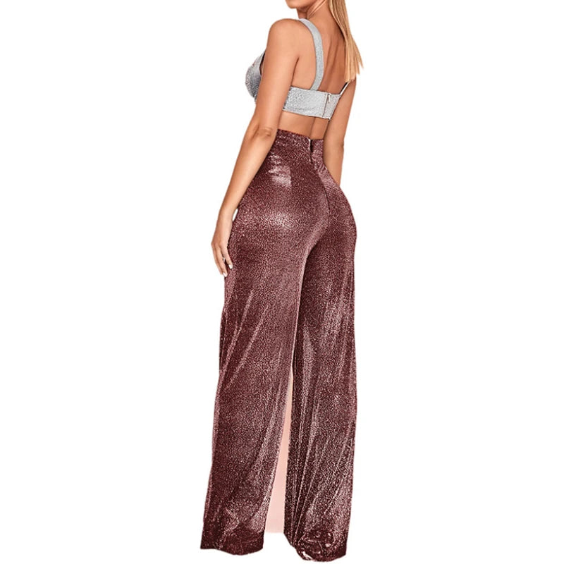 Metallic Sparkly Wide Leg Pants Women Elastic High Waist Glitter Sequin Palazzo Pants Casual Loose Party Clubwear Long Trousers