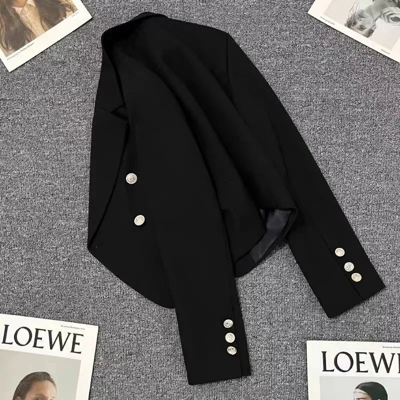 Casual Black Women's Small Suit Jacket 2025 New Spring Autumn Korean Design Sense Polyester Fiber Full Sleeve Solid Color