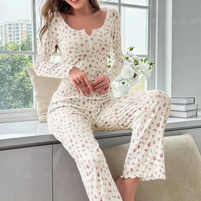 New Women Soft Comfortable sexy Floral Print Pajama Set Long Sleeve Top and Pants Loungewear Sleepwear Two Piece Set Homewear