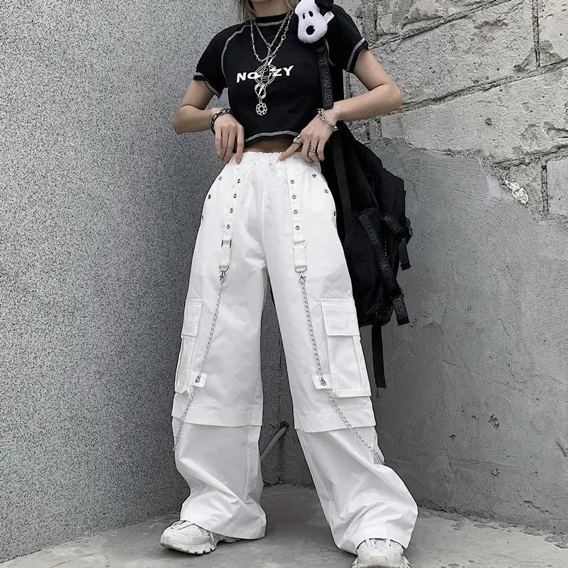 Women Trendy Vintage Casual Streetwear Pocket Cargo Pants Y2K Female High Waist White Hip Hop Loose Trousers Straight Pantalones